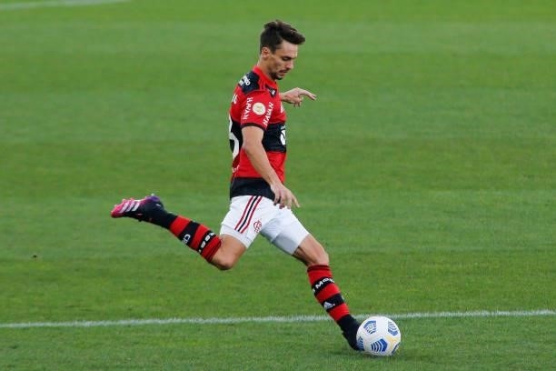Rodrigo Caio of Flamengo kicks the ball during a match between Flamengo and Fluminense as part of Brasileirao 2021 at Neo Quimica Arena on July 04,...