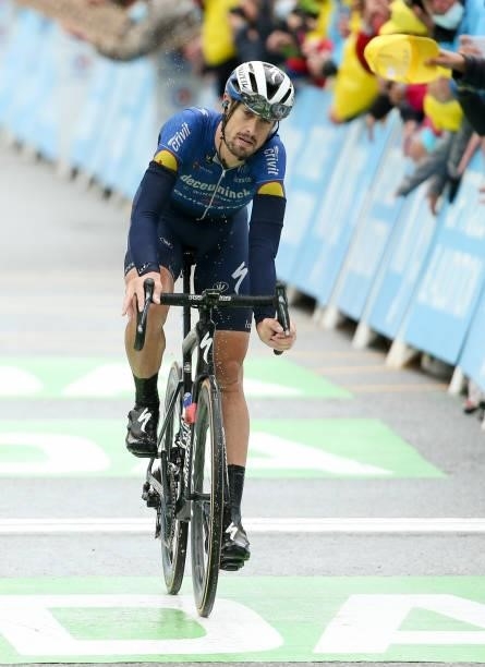 Mattia Cattaneo of Italy and Deceuninck - Quick Step crosses the finish line of stage 9 of the 108th Tour de France 2021, a stage of 145 km between...