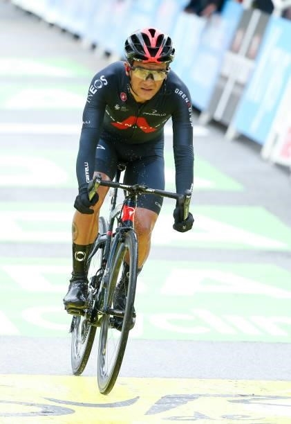 Richard Carapaz of Ecuador and INEOS Grenadiers crosses the finish line of stage 9 of the 108th Tour de France 2021, a stage of 145 km between Cluses...