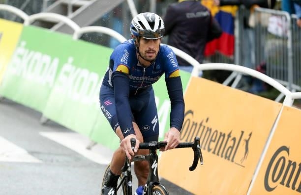 Mattia Cattaneo of Italy and Deceuninck - Quick Step crosses the finish line of stage 9 of the 108th Tour de France 2021, a stage of 145 km between...