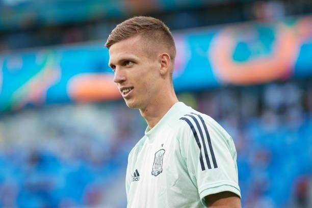Dani Olmo of Spain reacts during their warm up before during the UEFA Euro 2020 Championship Quarter-final match between Switzerland and Spain at...