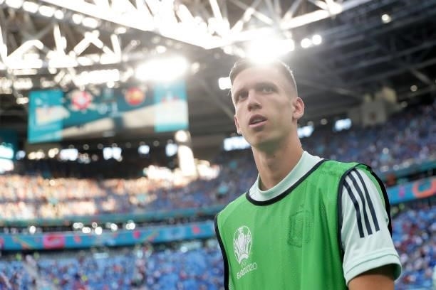 Dani Olmo of Spain warms up during the UEFA Euro 2020 Championship Quarter-final match between Switzerland and Spain at Saint Petersburg Stadium on...