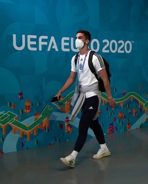 Ferran Torres arrives to Gazprom Arena stadium before the UEFA Euro 2020 Championship Quarter-final match between Switzerland and Spain at Saint...