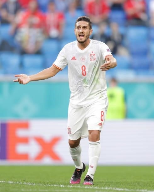 Koke of Spain protests to the referee during the UEFA Euro 2020 Championship Quarter-final match between Switzerland and Spain at Saint Petersburg...