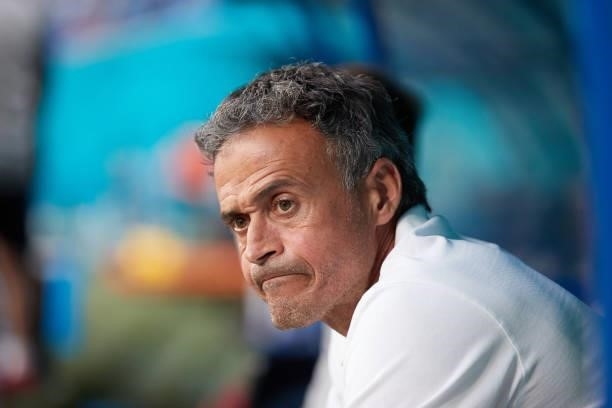 Manager Luis Enrique of Spain attends questions from the media at the flash interview area after the UEFA Euro 2020 Championship Quarter-final match...