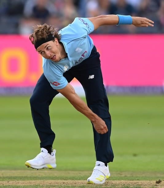 Tom Curran of England bowls at Bristol County Ground on July 04, 2021 in Bristol, England.