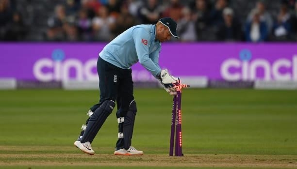 Jonny Bairstow of England runs out Asitha Fernando during the third One Day International between England and Sri Lanka at Bristol County Ground on...