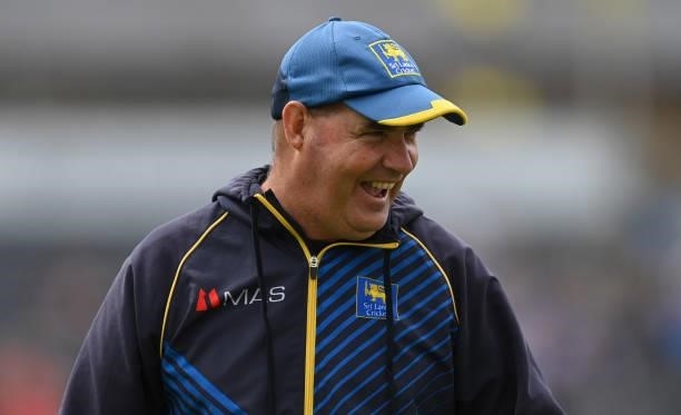 Mickey Arthur of Sri Lanka laughs before the third One Day International between England and Sri Lanka at Bristol County Ground on July 04, 2021 in...