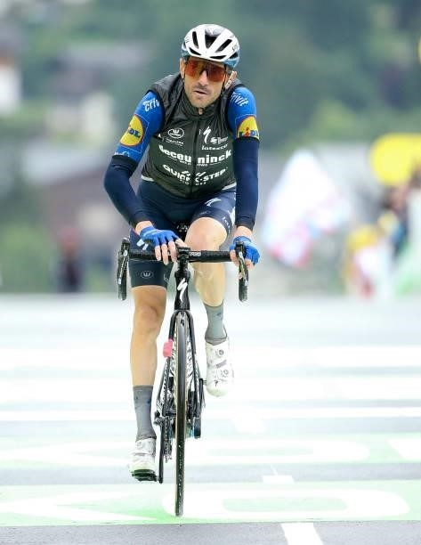 Dries Devenyns of Belgium and Deceuninck - Quick Step crosses the finish line during stage 8 of the 108th Tour de France 2021, a stage of 151 km...
