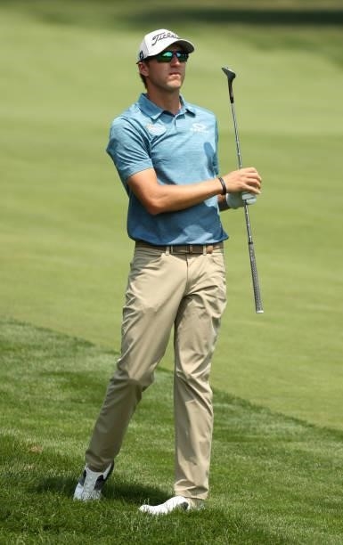 Richy Werenski plays his shot on the third hole during the final round of the Rocket Mortgage Classic on July 04, 2021 at the Detroit Golf Club in...