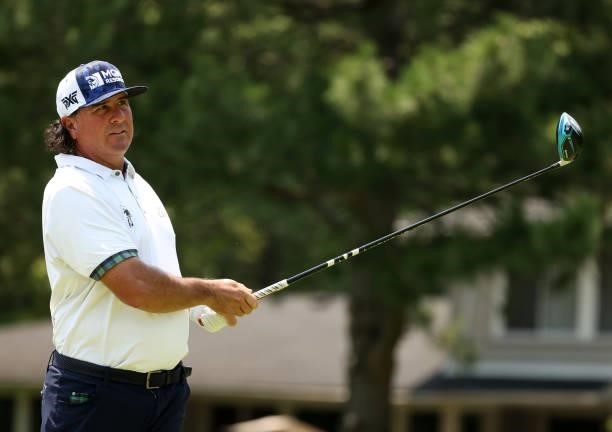 Pat Perez plays his shot from the fourth tee during the final round of the Rocket Mortgage Classic on July 04, 2021 at the Detroit Golf Club in...