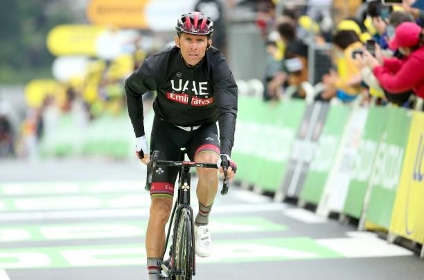 Rui Costa of Portugal and UAE Team Emirates crosses the finish line during stage 8 of the 108th Tour de France 2021, a stage of 151 km between...