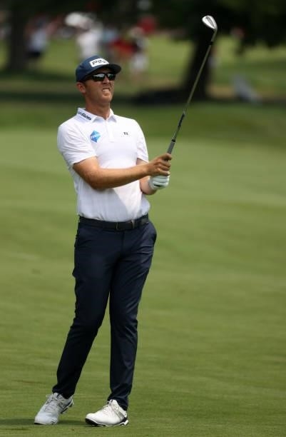 Seamus Power of Ireland plays his shot on the third hole during the final round of the Rocket Mortgage Classic on July 04, 2021 at the Detroit Golf...