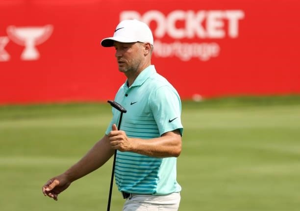 Alex Noren of Sweden walks along on the 18th fairway during the final round of the Rocket Mortgage Classic on July 04, 2021 at the Detroit Golf Club...