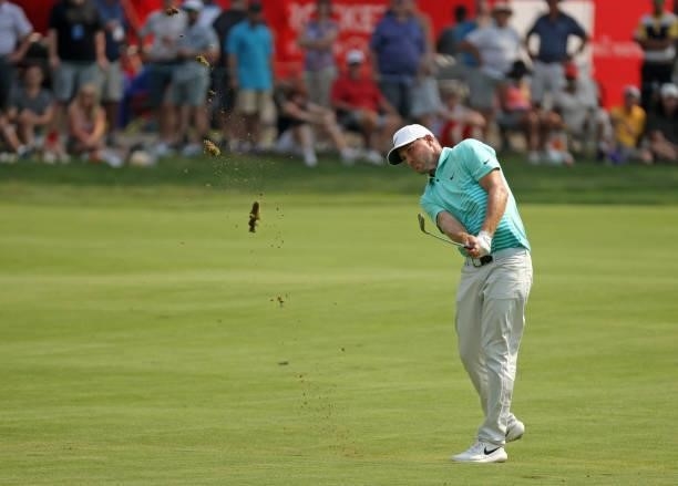 Alex Noren of Sweden plays his shot on the 18th fairway during the final round of the Rocket Mortgage Classic on July 04, 2021 at the Detroit Golf...