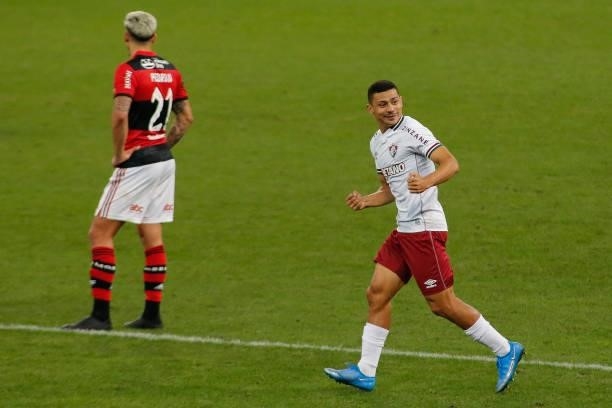 Andre of Fluminense celebrates after scoring his team first goal during a match between Flamengo and Fluminense as part of Brasileirao 2021 at Neo...