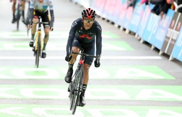 Richard Carapaz of Ecuador and INEOS Grenadiers crosses the finish line of stage 9 of the 108th Tour de France 2021, a stage of 145 km between Cluses...