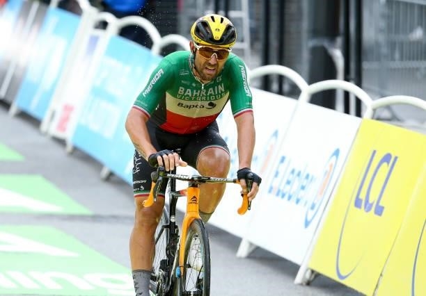 Sonny Colbrelli of Italy and Bahrain Victorious crosses the finish line of stage 9 of the 108th Tour de France 2021, a stage of 145 km between Cluses...