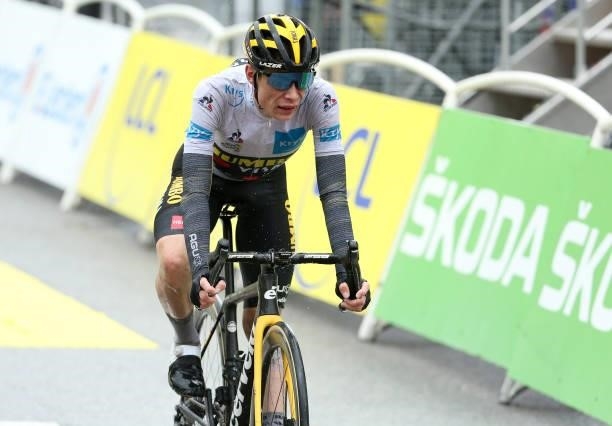 Jonas Vingegaard of Denmark and Jumbo - Visma crosses the finish line of stage 9 of the 108th Tour de France 2021, a stage of 145 km between Cluses...