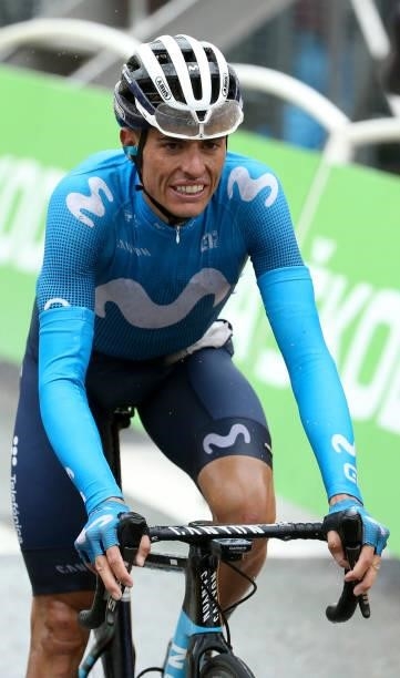 Enric Mas of Spain and Movistar crosses the finish line of stage 9 of the 108th Tour de France 2021, a stage of 145 km between Cluses and Tignes /...