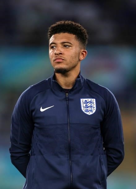 Jadon Sancho of England lines up for the national anthem prior to the UEFA Euro 2020 Championship Quarter-final match between Ukraine and England at...