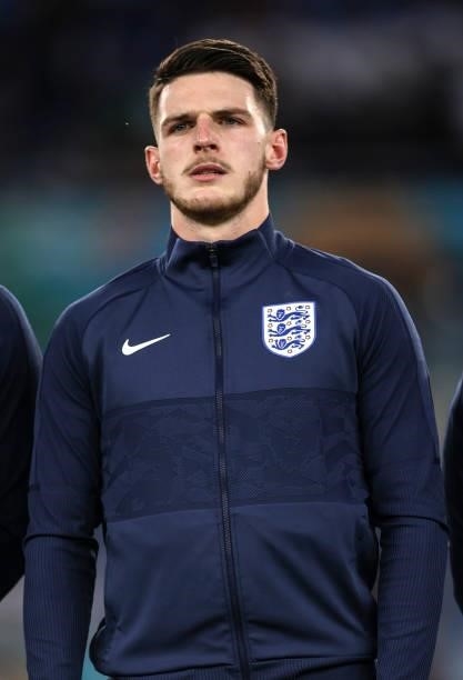 Declan Rice of England lines up for the national anthem prior to the UEFA Euro 2020 Championship Quarter-final match between Ukraine and England at...