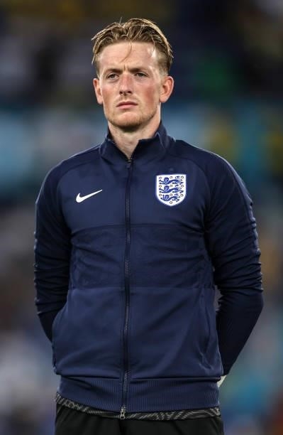 Jordan Pickford of England lines up for the national anthem prior to the UEFA Euro 2020 Championship Quarter-final match between Ukraine and England...