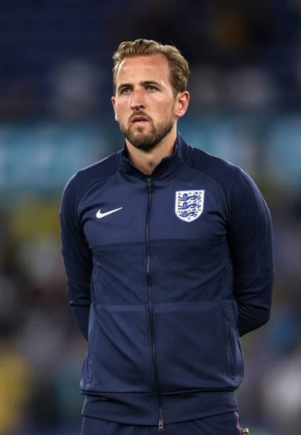 Harry Kane of England lines up for the national anthem prior to the UEFA Euro 2020 Championship Quarter-final match between Ukraine and England at...