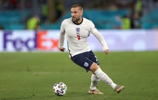 Luke Shaw of England runs with the ball during the UEFA Euro 2020 Championship Quarter-final match between Ukraine and England at Olimpico Stadium on...
