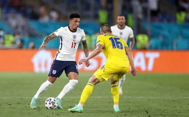 Jadon Sancho of England runs with the ball during the UEFA Euro 2020 Championship Quarter-final match between Ukraine and England at Olimpico Stadium...