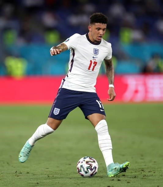 Jadon Sancho of England runs with the ball during the UEFA Euro 2020 Championship Quarter-final match between Ukraine and England at Olimpico Stadium...