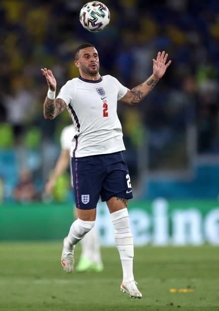 Kyle Walker of England jumps for the ball during the UEFA Euro 2020 Championship Quarter-final match between Ukraine and England at Olimpico Stadium...
