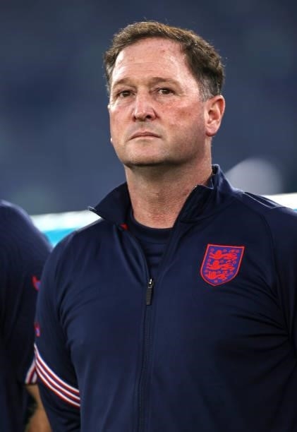Steve Holland, Assistant Coach of England looks on prior to the UEFA Euro 2020 Championship Quarter-final match between Ukraine and England at...