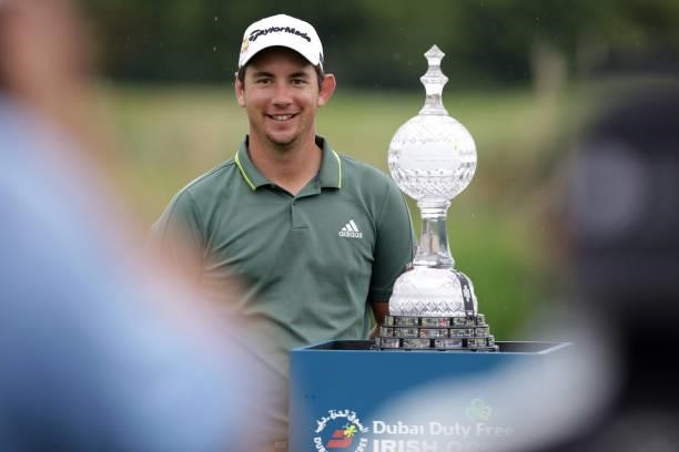 Lucas Herbert from Australia with the winners trophy after the final round of The Dubai Duty Free Irish Open at Mount Juliet Golf Club on July 04,...