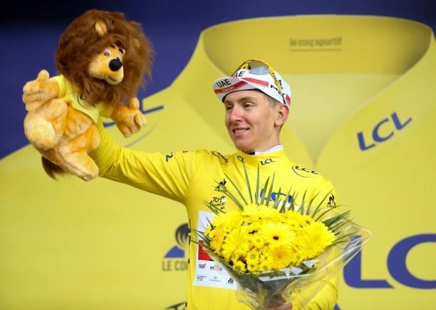 Tadej Pogacar of Slovenia and UAE Team Emirates retains the yellow jersey of race's leader during the trophy ceremony of stage 9 of the 108th Tour de...