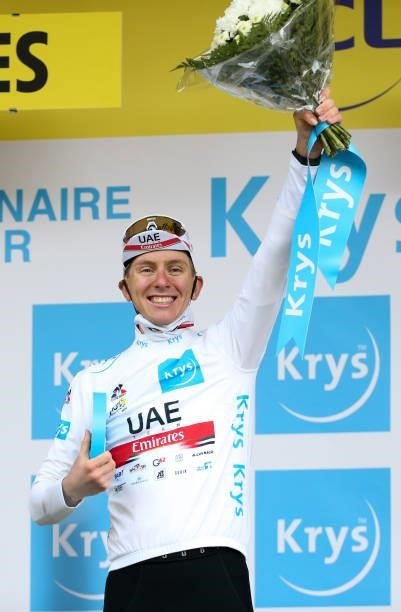 Tadej Pogacar of Slovenia and UAE Team Emirates retains the white jersey of best young rider during the trophy ceremony of stage 9 of the 108th Tour...