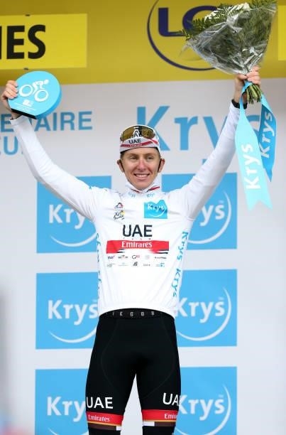 Tadej Pogacar of Slovenia and UAE Team Emirates retains the white jersey of best young rider during the trophy ceremony of stage 9 of the 108th Tour...