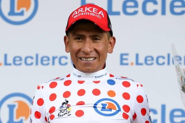 Nairo Quintana of Colombia and Team Arkea - Samsic wears the polka dot jersey of best climber during the trophy ceremony of stage 9 of the 108th Tour...