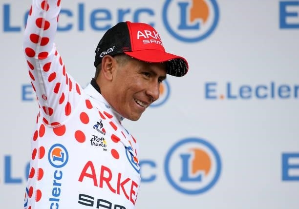 Nairo Quintana of Colombia and Team Arkea - Samsic wears the polka dot jersey of best climber during the trophy ceremony of stage 9 of the 108th Tour...