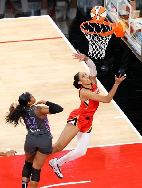 Ja Wilson of the Las Vegas Aces shoots a layup against Cheyenne Parker of the Atlanta Dream during their game at Michelob ULTRA Arena on July 4, 2021...