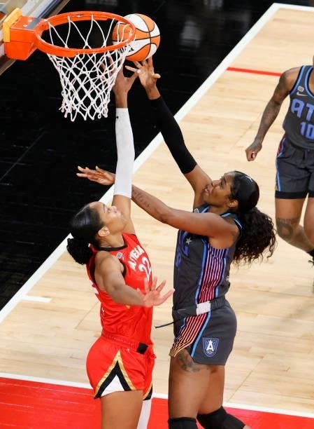 Cheyenne Parker of the Atlanta Dream shoots against A'ja Wilson of the Las Vegas Aces during their game at Michelob ULTRA Arena on July 4, 2021 in...
