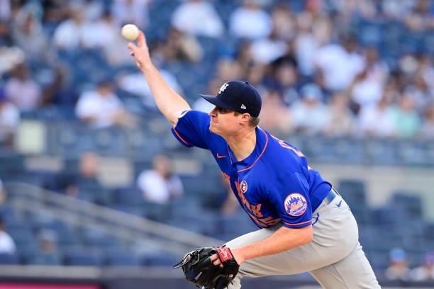 Corey Oswalt of the New York Mets pitches against the New York Yankees in the first inning during game two of a doubleheader at Yankee Stadium on...