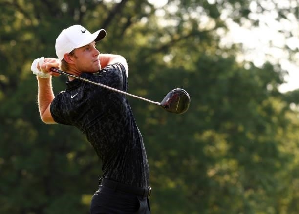 Cam Davis of Australia plays his shot from the 18th tee during the final round of the Rocket Mortgage Classic on July 04, 2021 at the Detroit Golf...