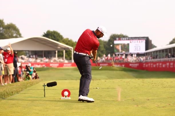 Troy Merritt plays his shot from the 15th tee during the second sudden death playoff hole during the final round of the Rocket Mortgage Classic on...