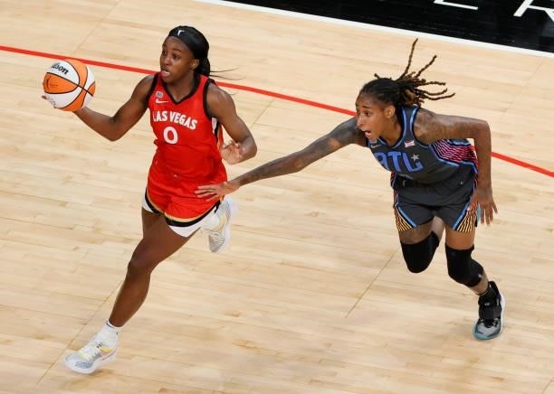 Jackie Young of the Las Vegas Aces drives to the basket ahead of Crystal Bradford of the Atlanta Dream during their game at Michelob ULTRA Arena on...