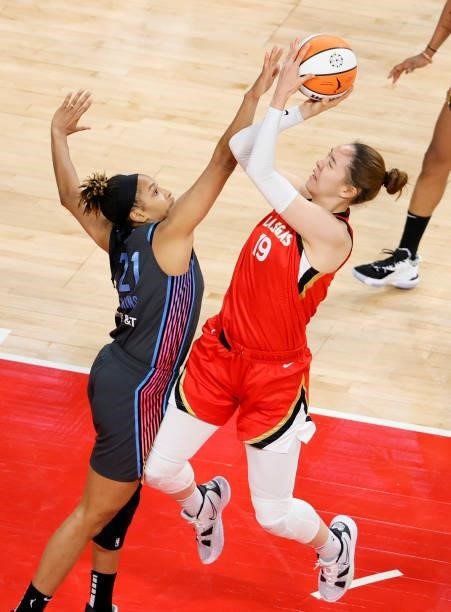 JiSu Park of the Las Vegas Aces is fouled as she shoots against Tianna Hawkins of the Atlanta Dream during their game at Michelob ULTRA Arena on July...