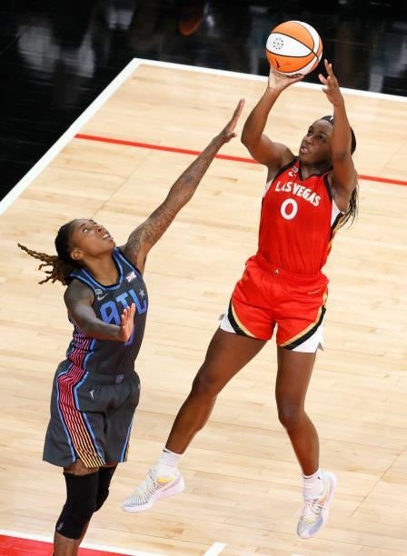Jackie Young of the Las Vegas Aces shoots against Crystal Bradford of the Atlanta Dream during their game at Michelob ULTRA Arena on July 4, 2021 in...