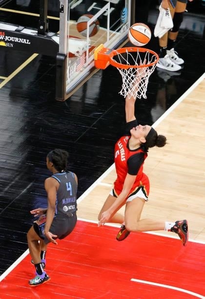 Dearica Hamby of the Las Vegas Aces puts up a shot after getting fouled by Aari McDonald of the Atlanta Dream during their game at Michelob ULTRA...