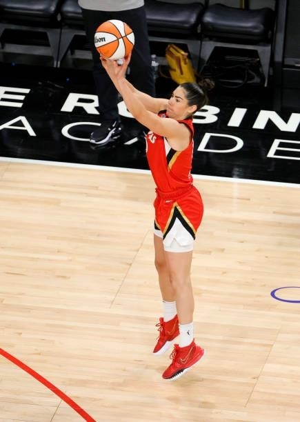 Kelsey Plum of the Las Vegas Aces shoots a 3-pointer against the Atlanta Dream to pass 1,000 career points during their game at Michelob ULTRA Arena...