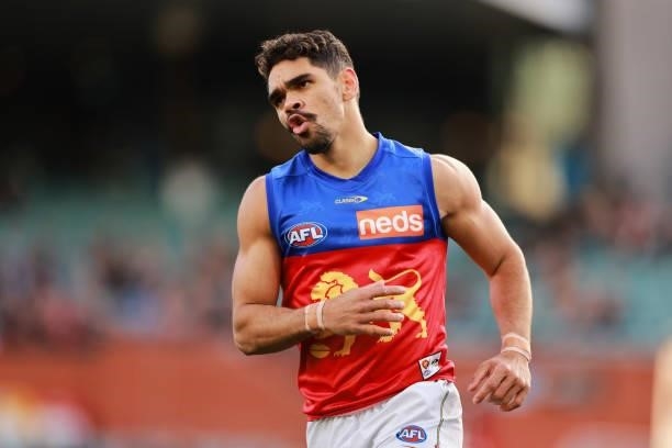Charlie Cameron of the Lions looks on during the round 16 AFL match between Adelaide Crows and Brisbane Lions at Adelaide Oval on July 03, 2021 in...